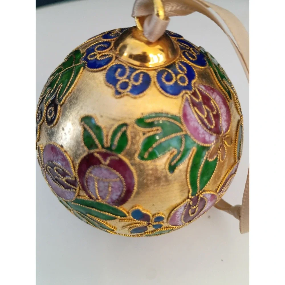 Vintage Cloisonne Enamel Christmas Ornament Gold Floral Pomegranate Grape Bauble
